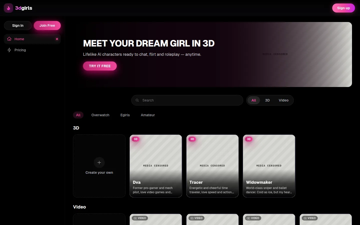 Reviewed capture of the 3DGirls public landing page