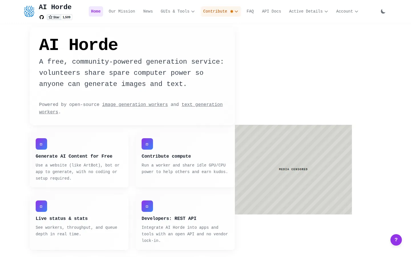 Reviewed capture of the AI Horde public landing page