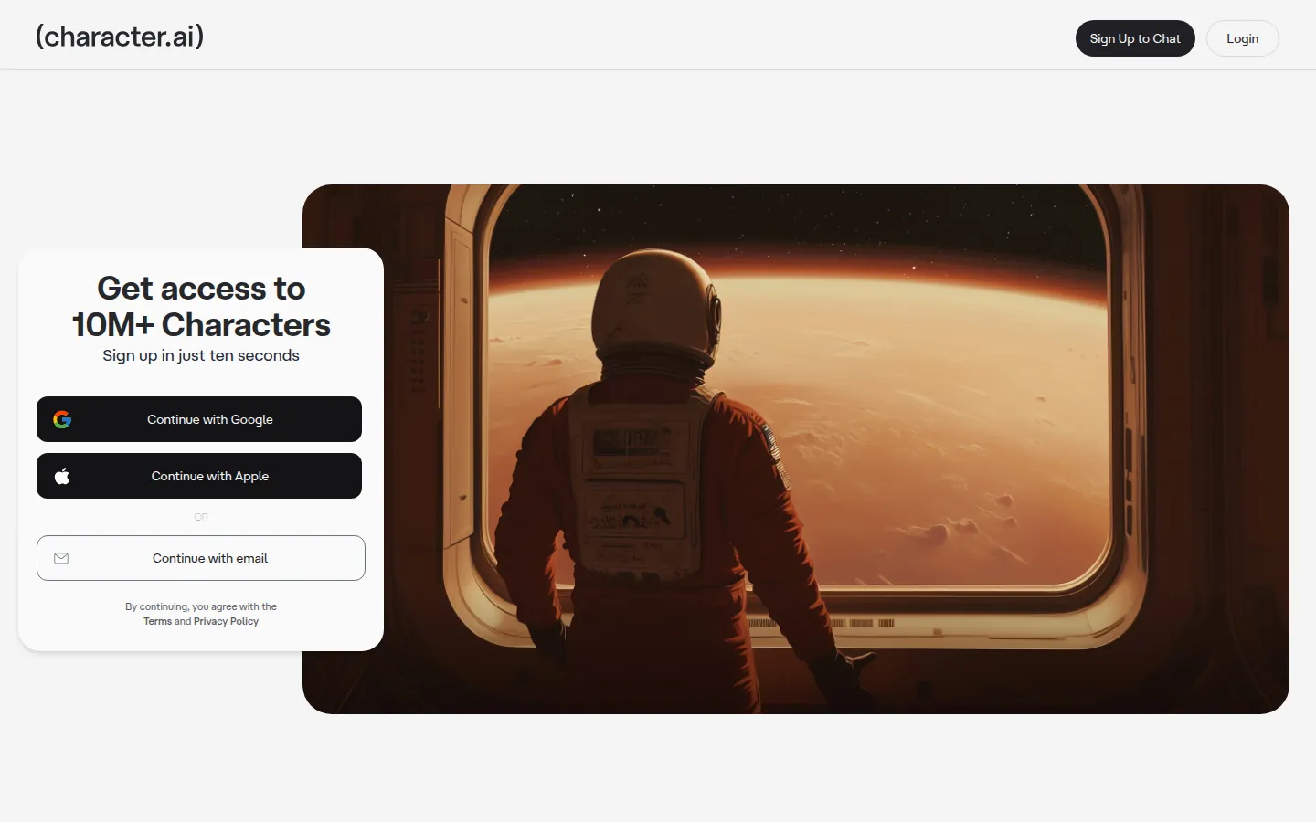 Reviewed capture of the Character.AI public landing page