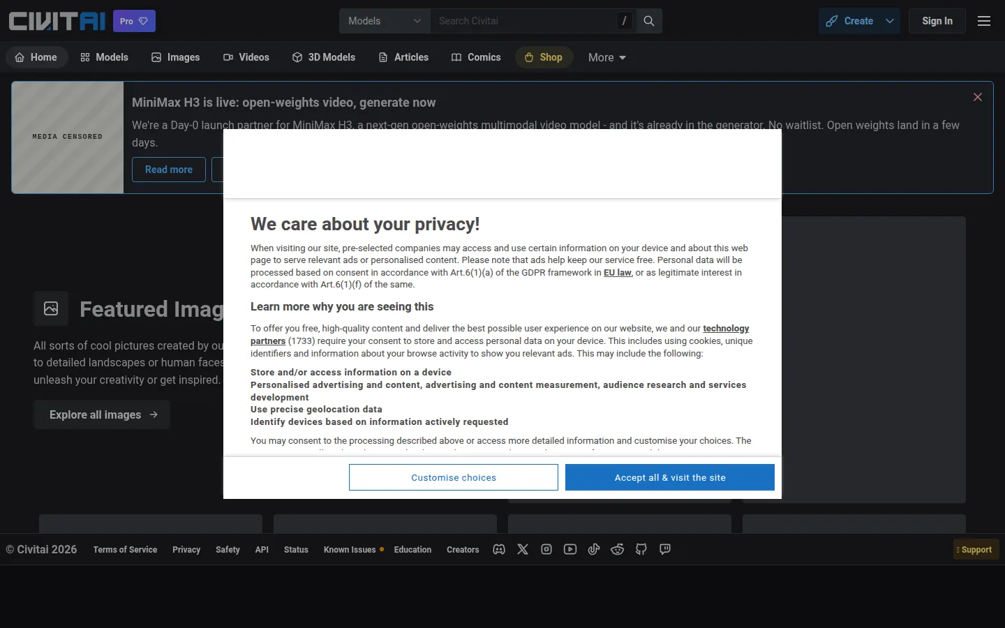 Reviewed capture of the Civitai public landing page