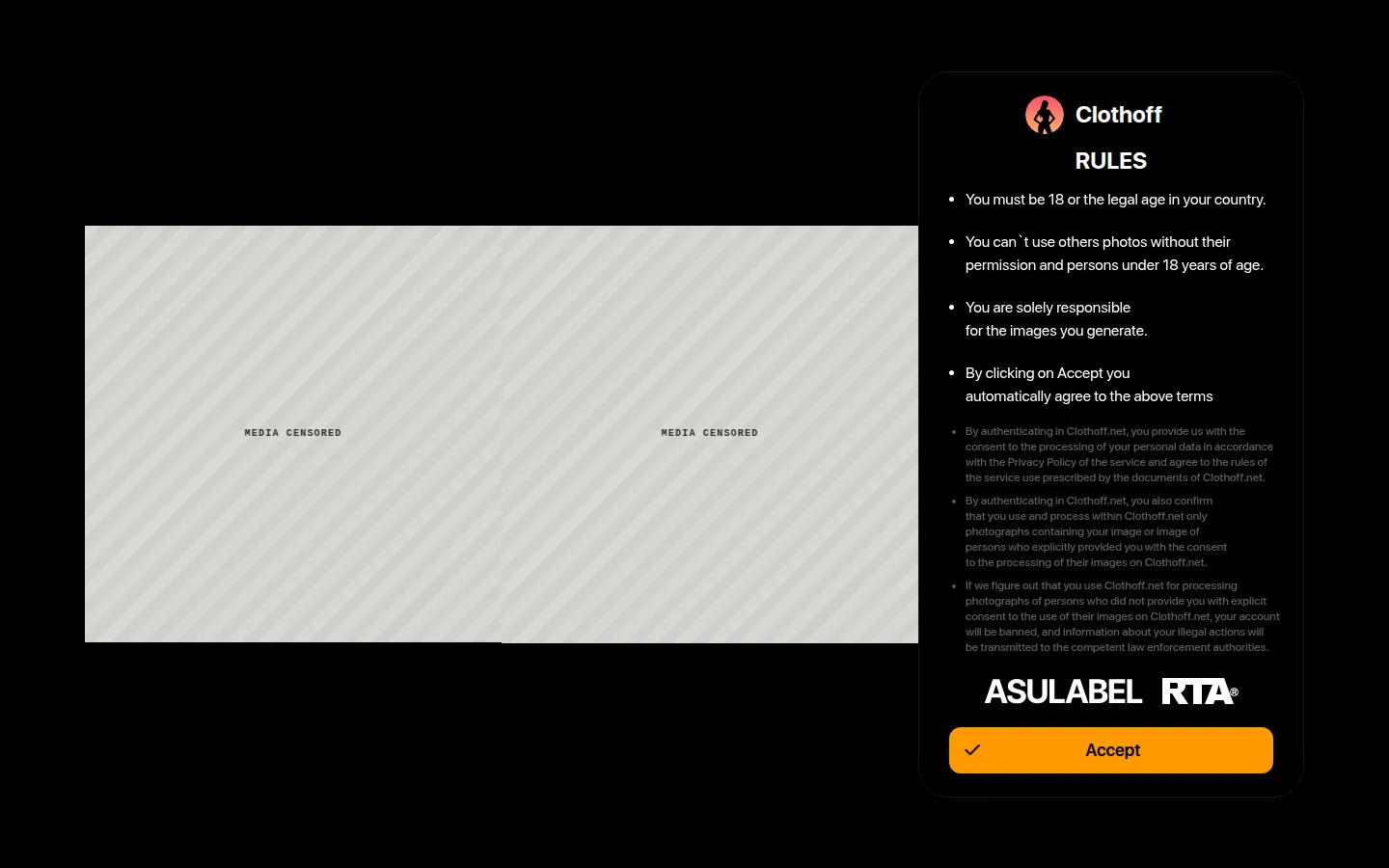 Reviewed capture of the ClothOff public landing page