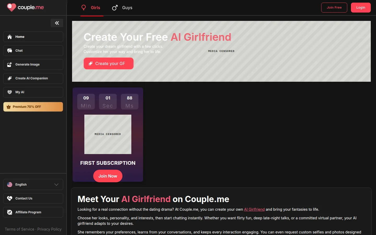 Reviewed capture of the Couple.me public landing page