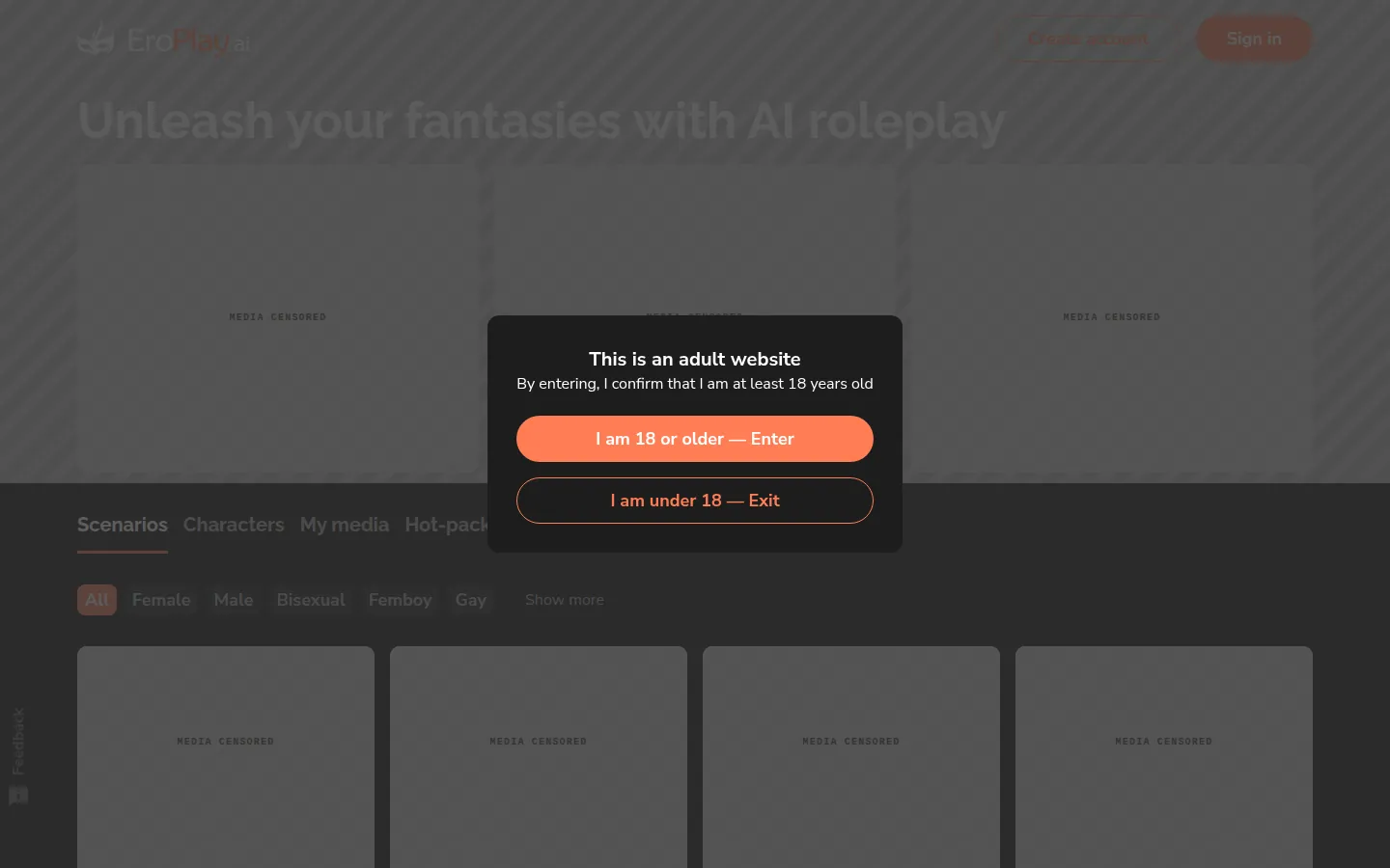 Reviewed capture of the EroPlay public landing page