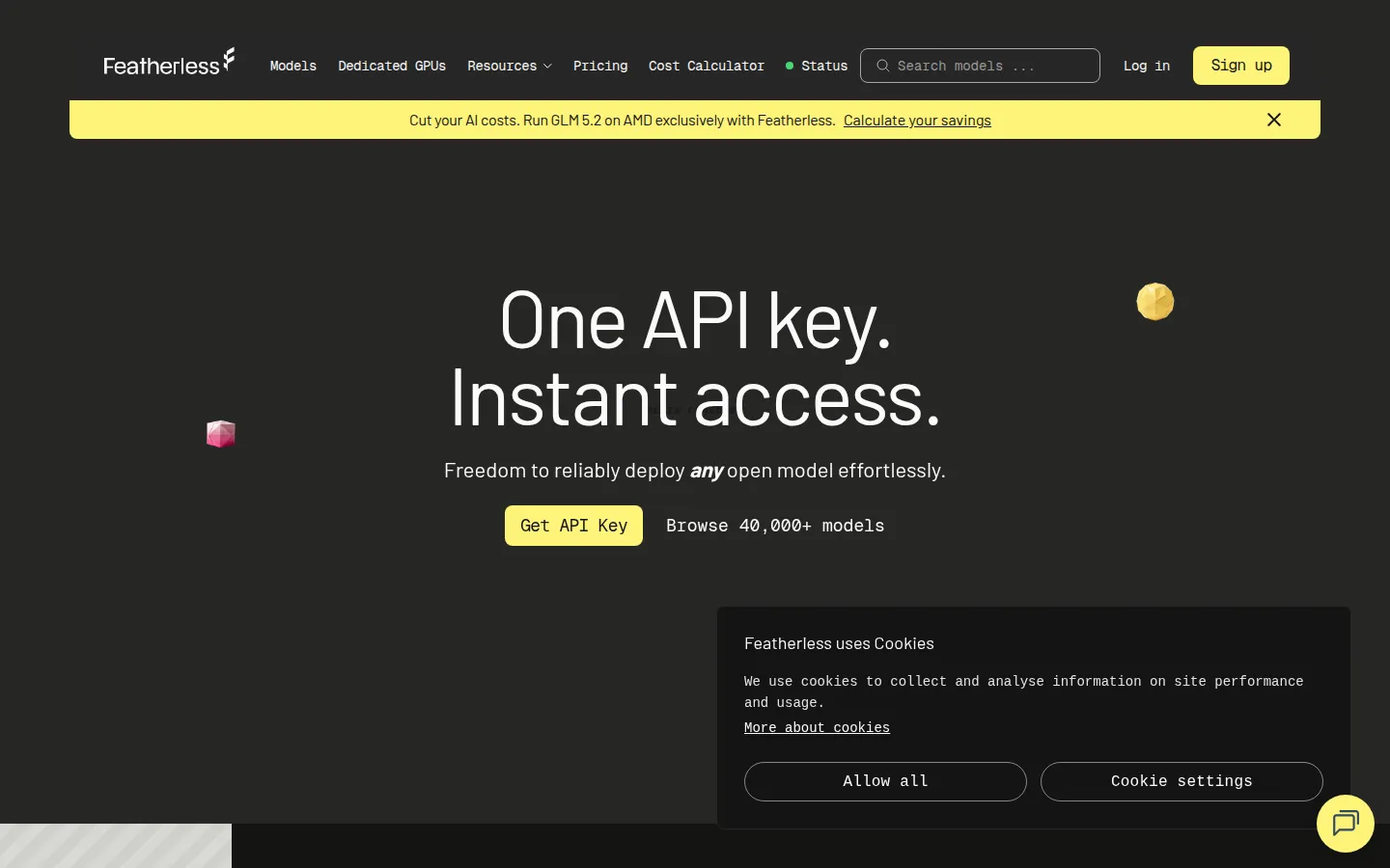 Reviewed capture of the Featherless.ai public landing page