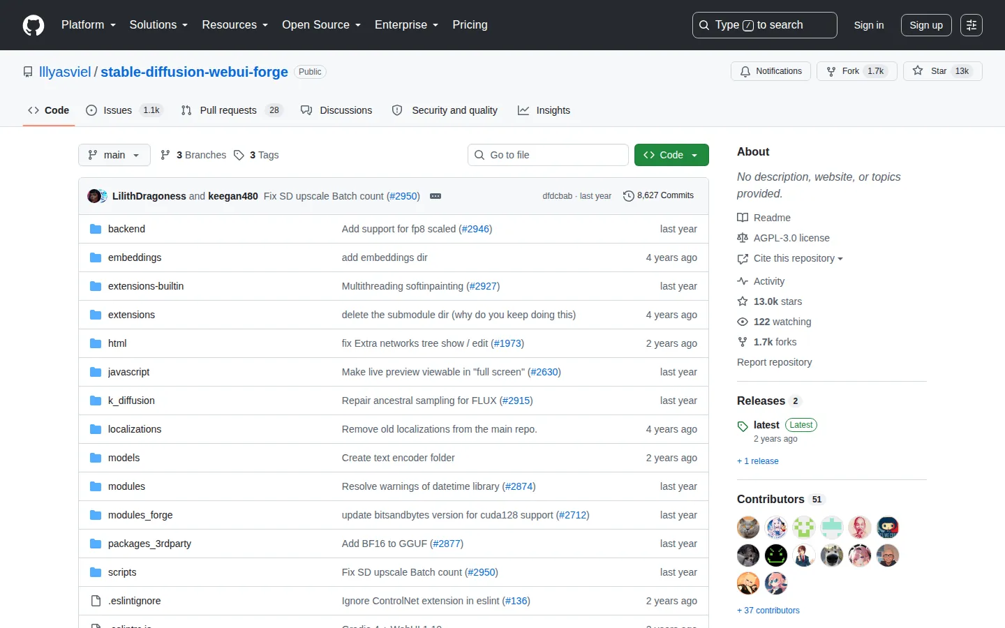 Reviewed capture of the Stable Diffusion WebUI Forge public landing page