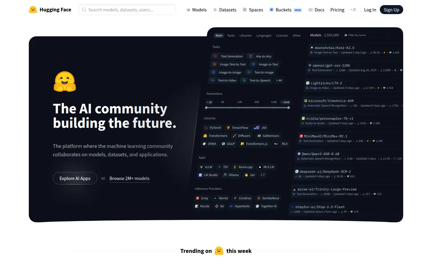 Reviewed capture of the Hugging Face public landing page