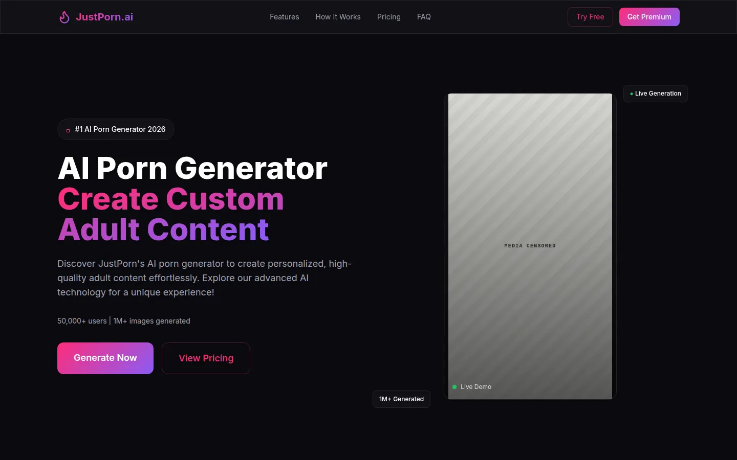 Reviewed capture of the JustPorn AI public landing page