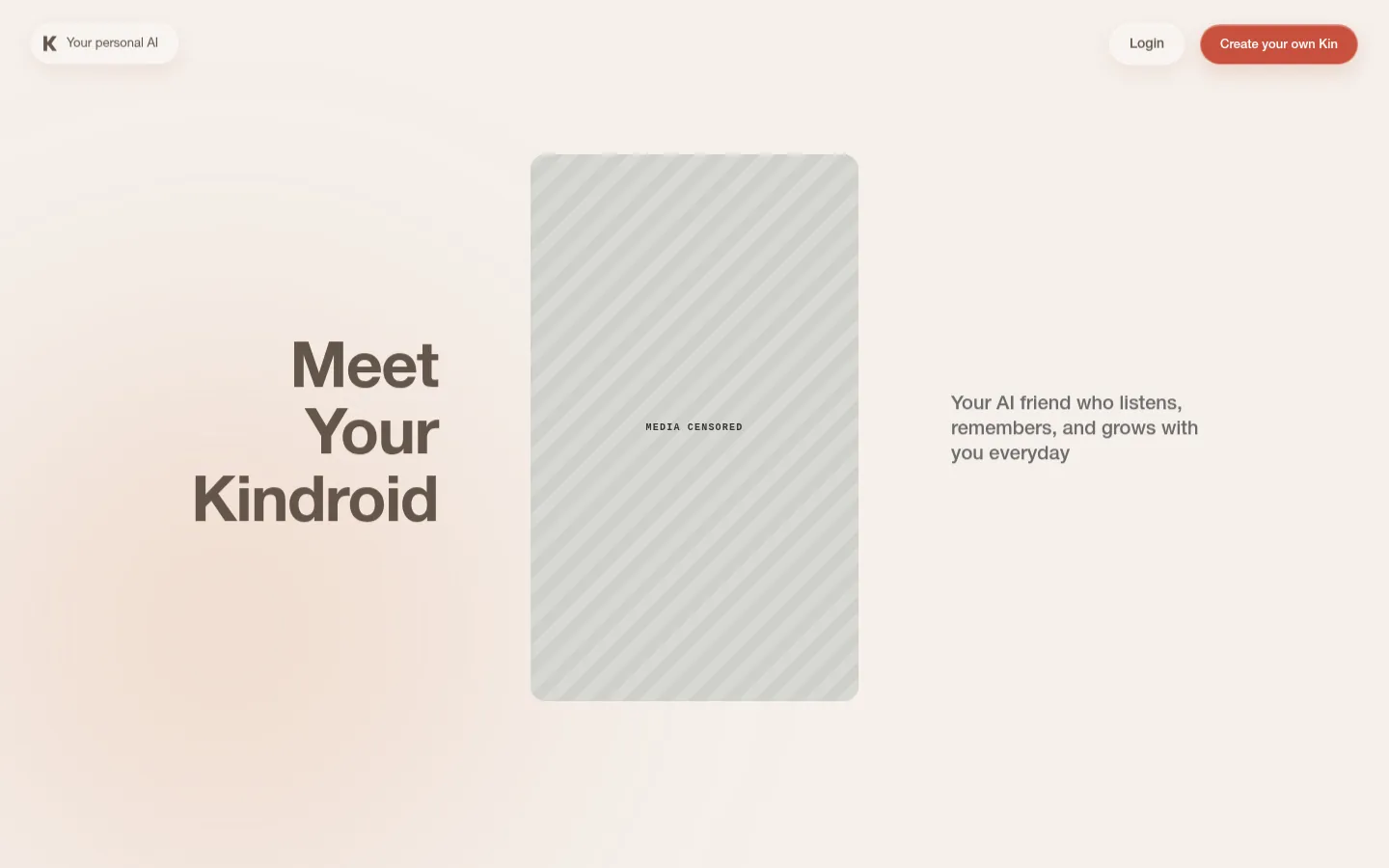 Reviewed capture of the Kindroid public landing page