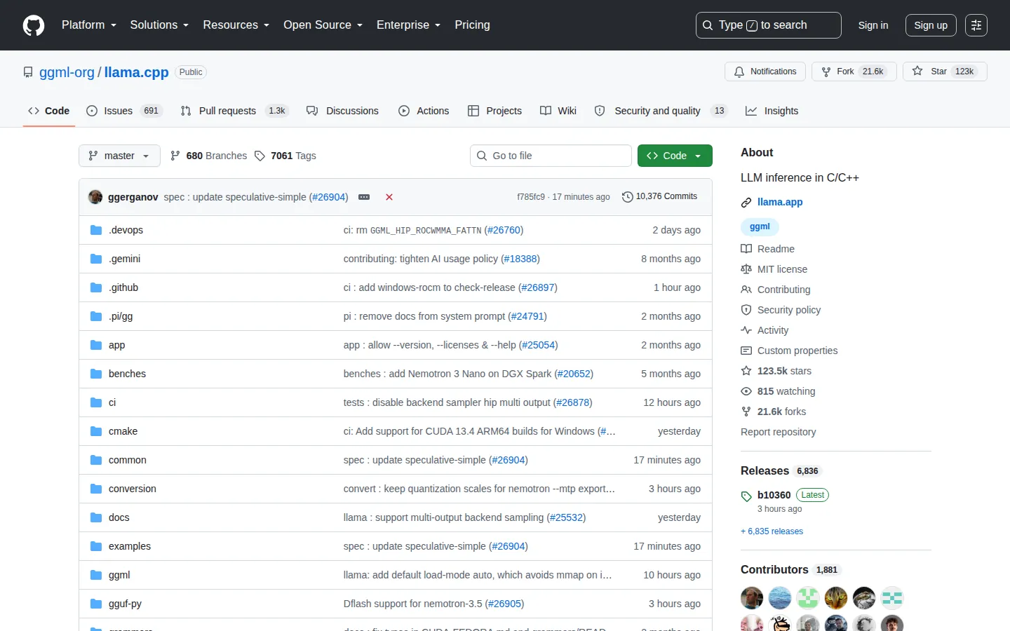 Reviewed capture of the llama.cpp public landing page