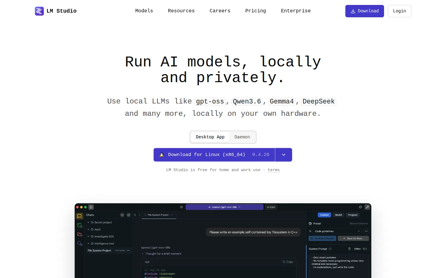 Reviewed capture of the LM Studio public landing page