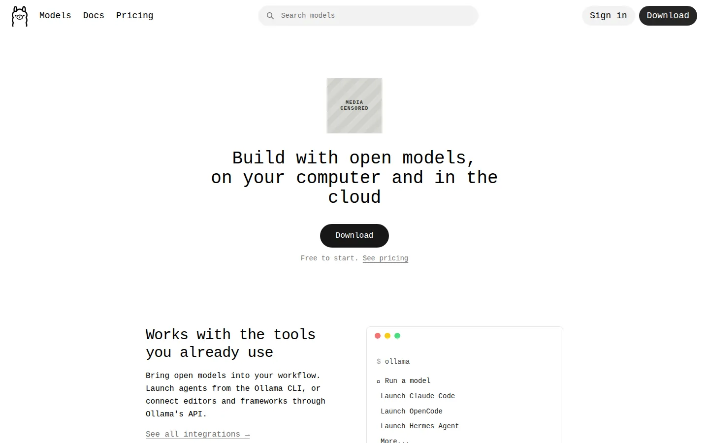 Reviewed capture of the Ollama public landing page