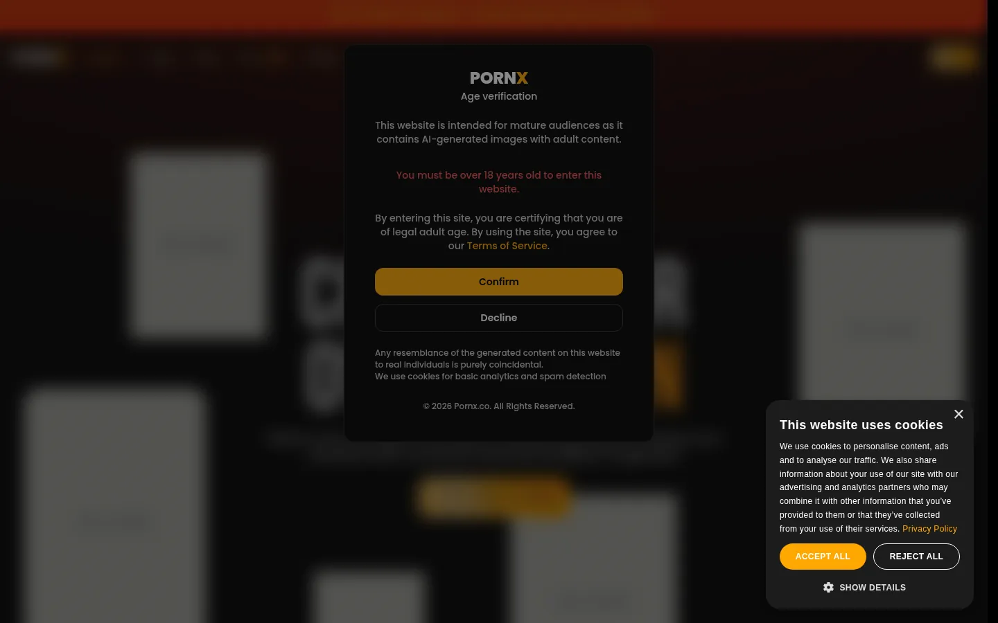 Reviewed capture of the PornX public landing page