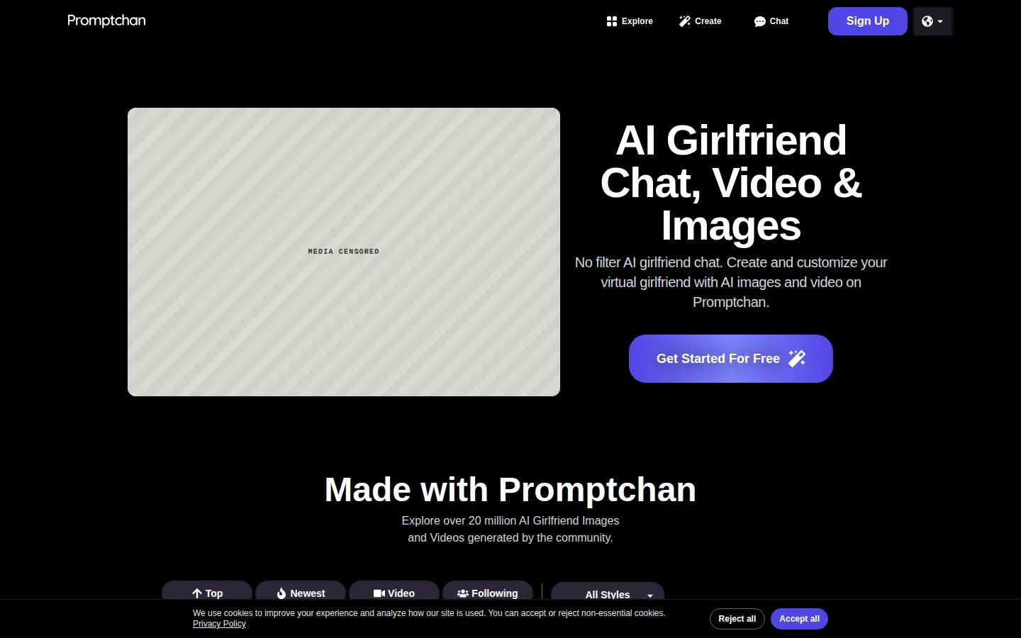 Reviewed capture of the PromptChan public landing page