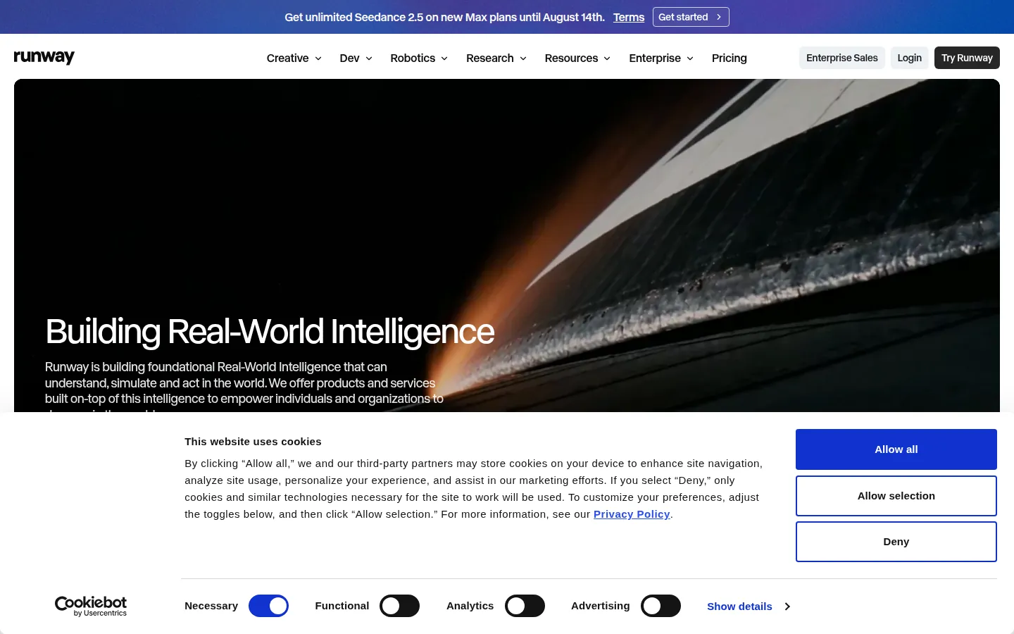 Reviewed capture of the Runway public landing page