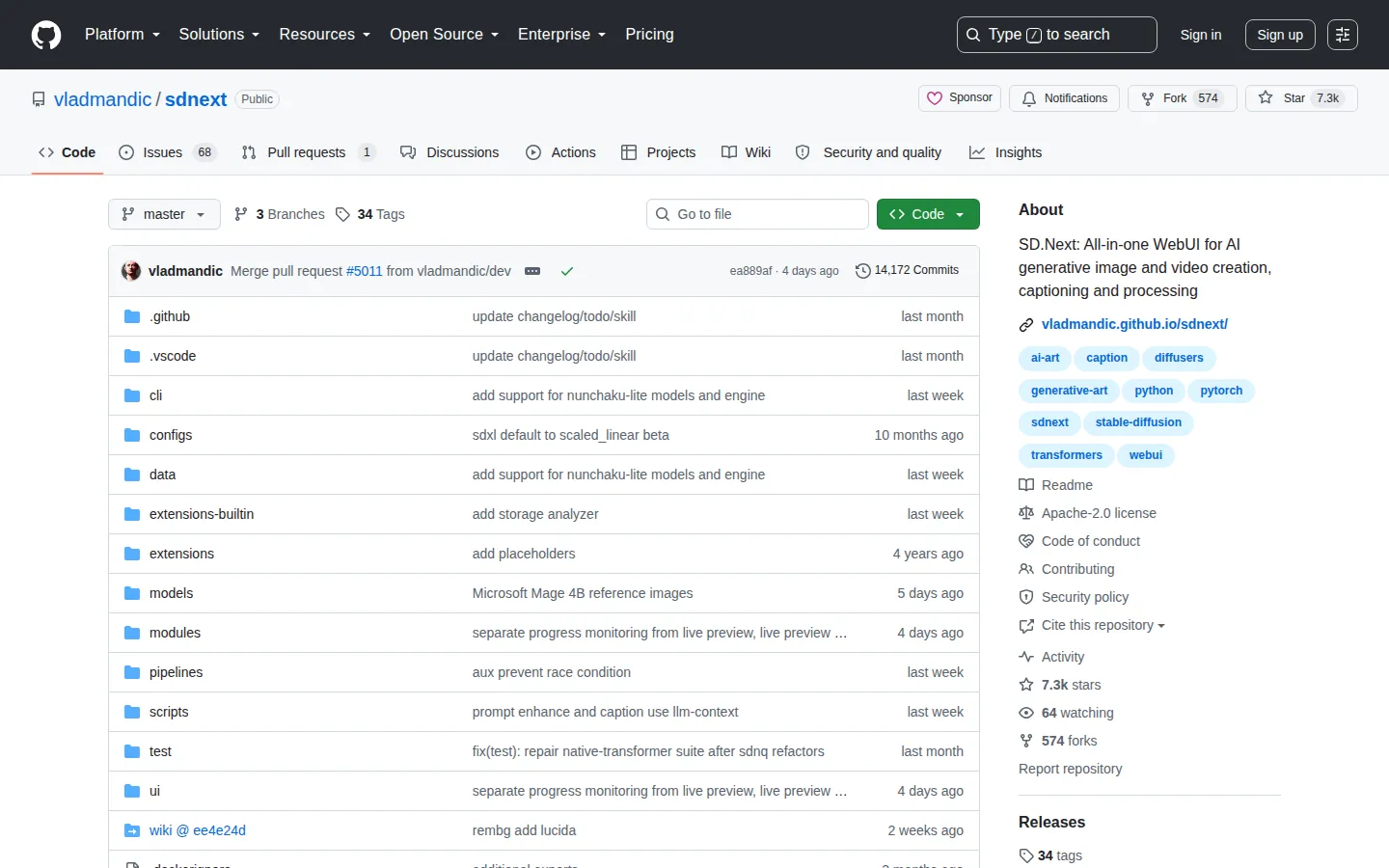 Reviewed capture of the SD.Next public landing page