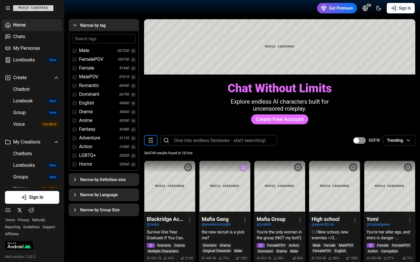 Reviewed capture of the SpicyChat public landing page