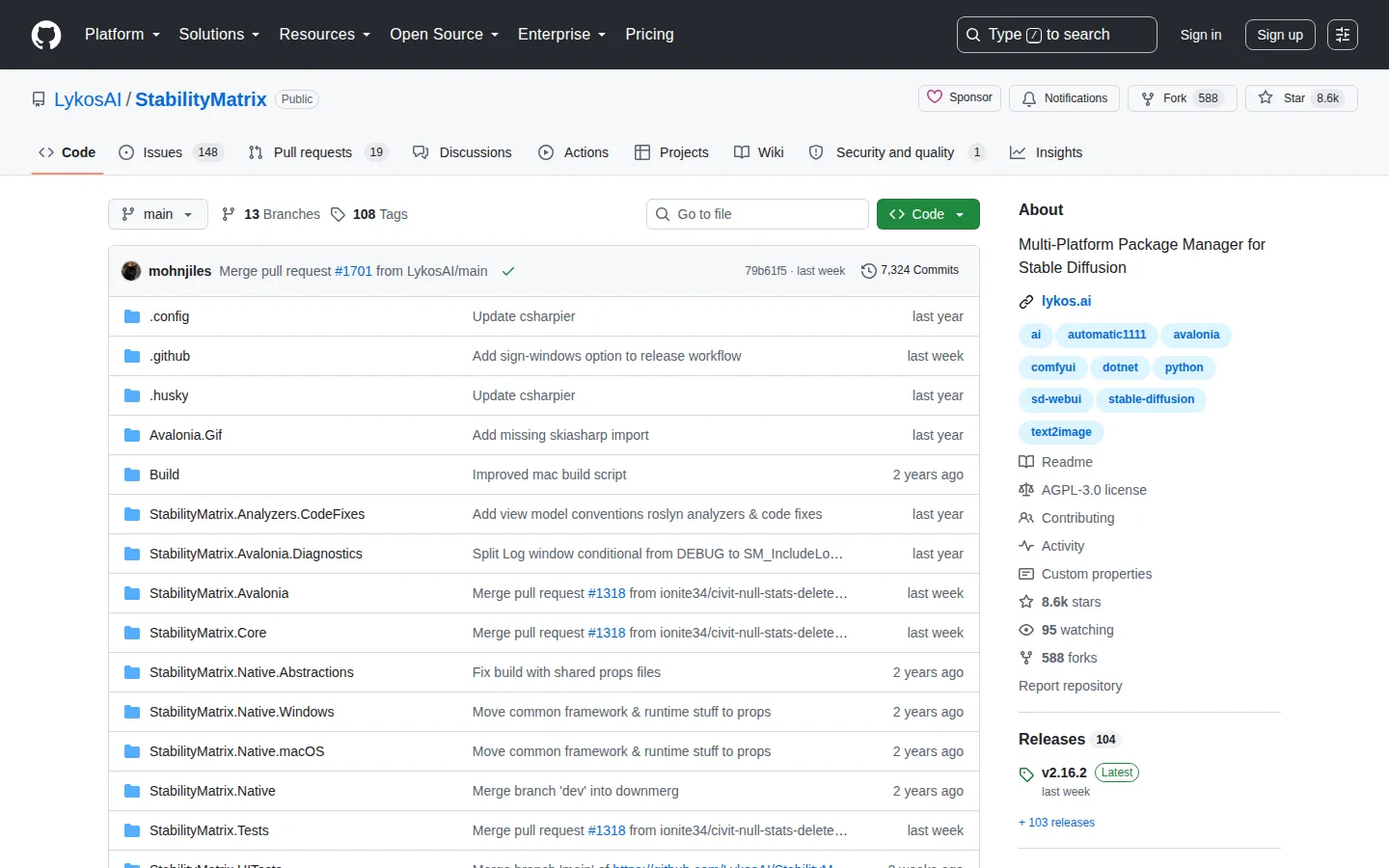 Reviewed capture of the Stability Matrix public landing page