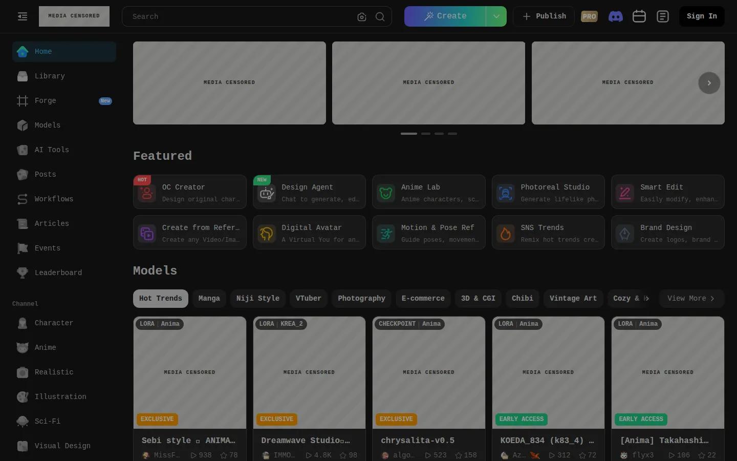 Reviewed capture of the Tensor.Art public landing page