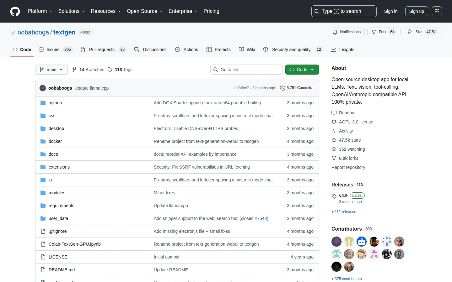 Reviewed capture of the text-generation-webui public landing page